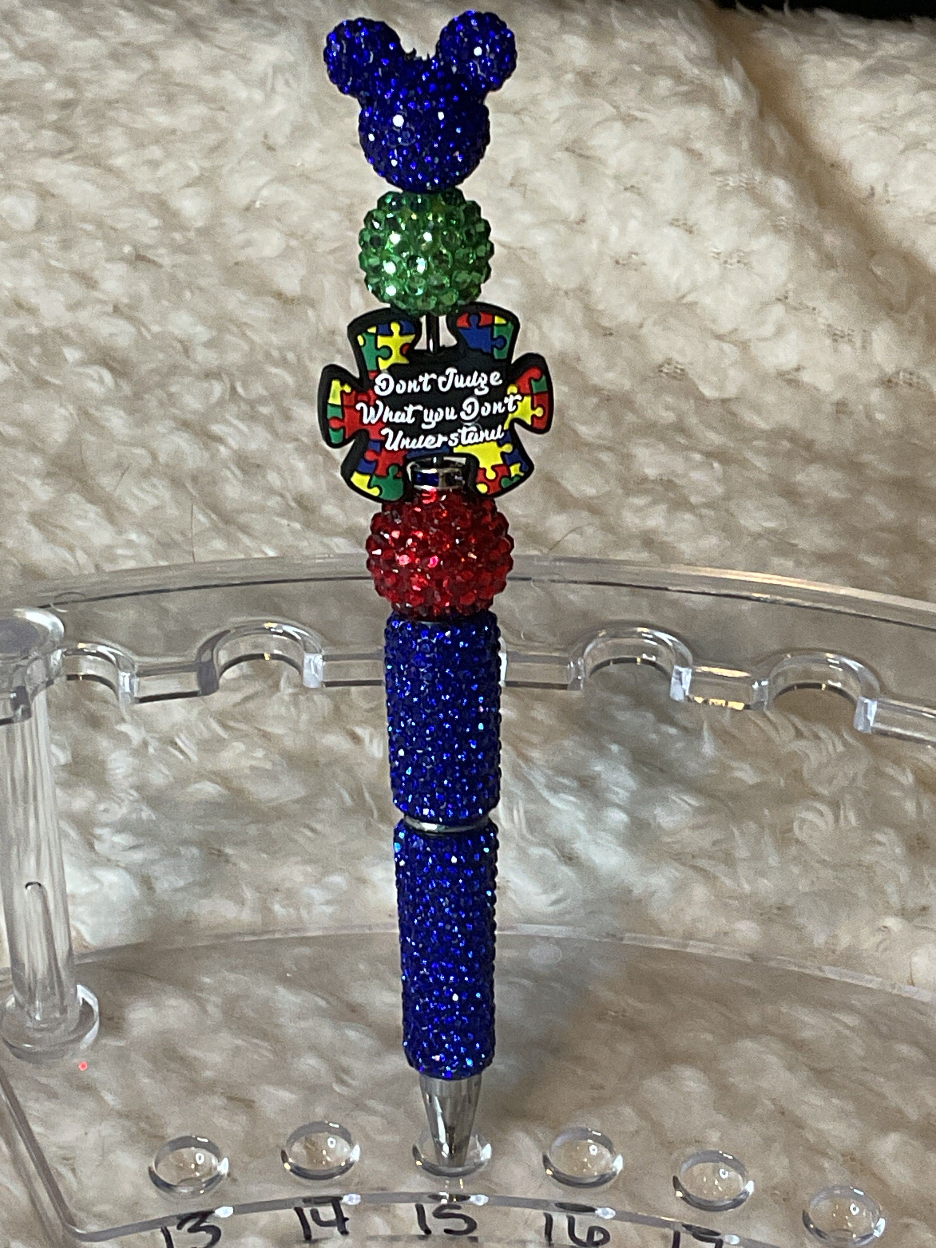 Blue, red and green rhinestone Mickey pen