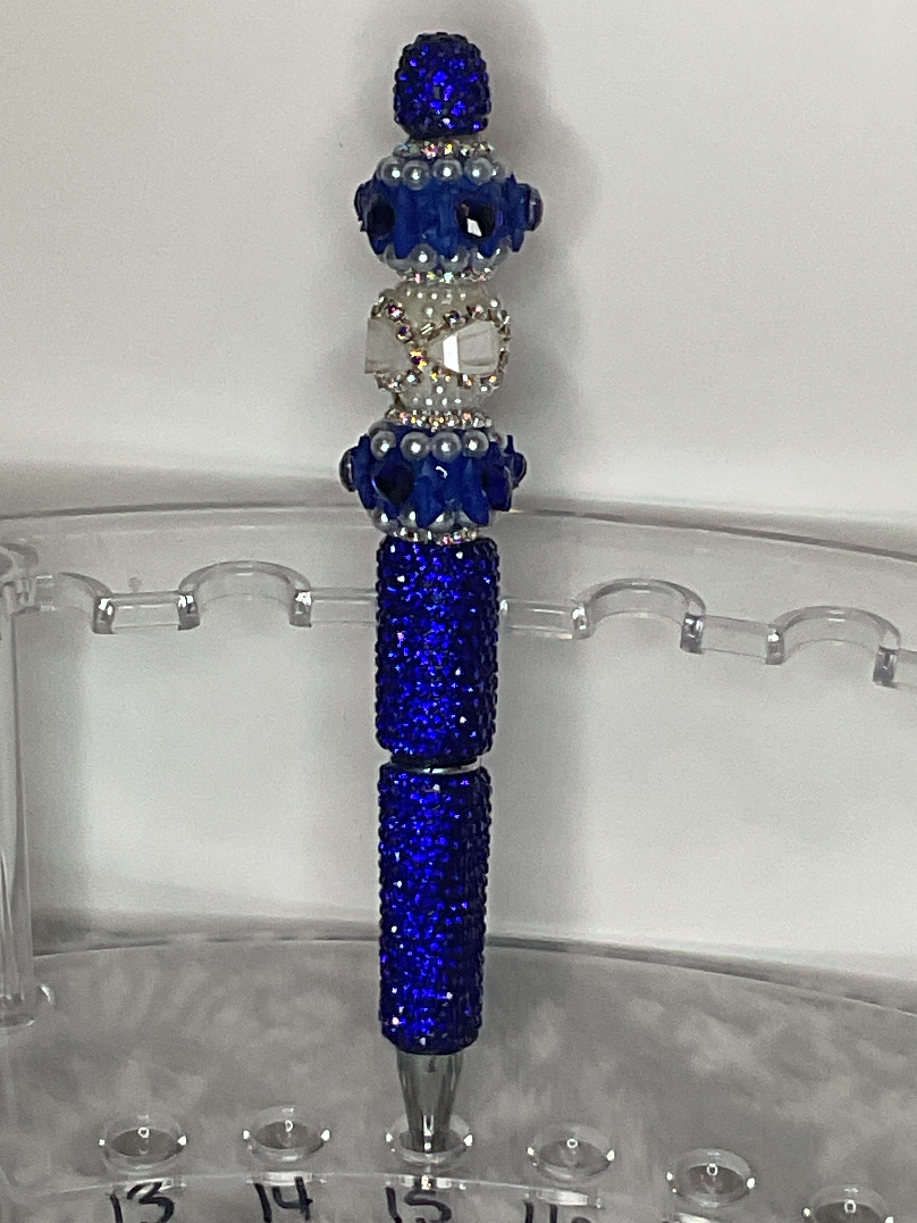 Blue fancy pen with white and blue rhinestone beads
