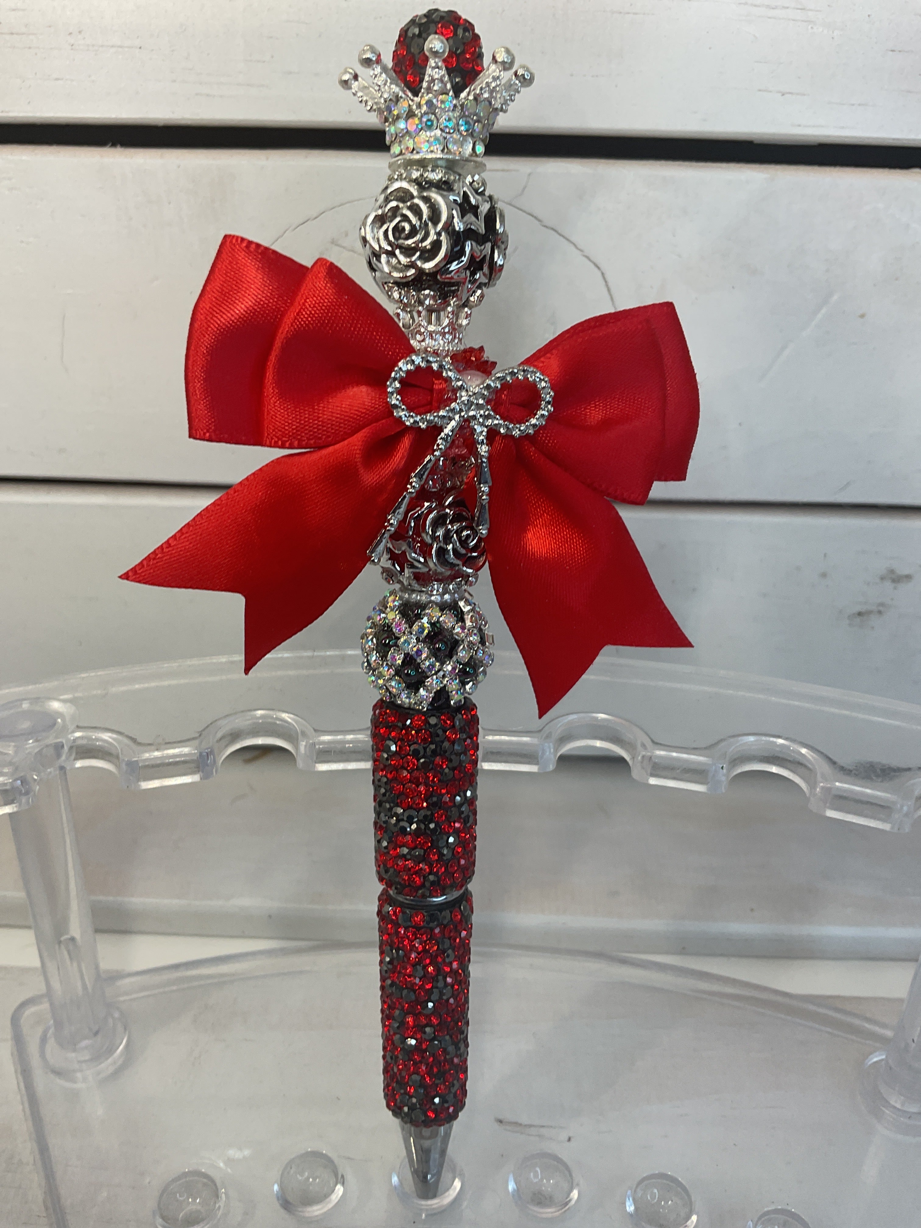 Black and red rhinestone pen with red bow