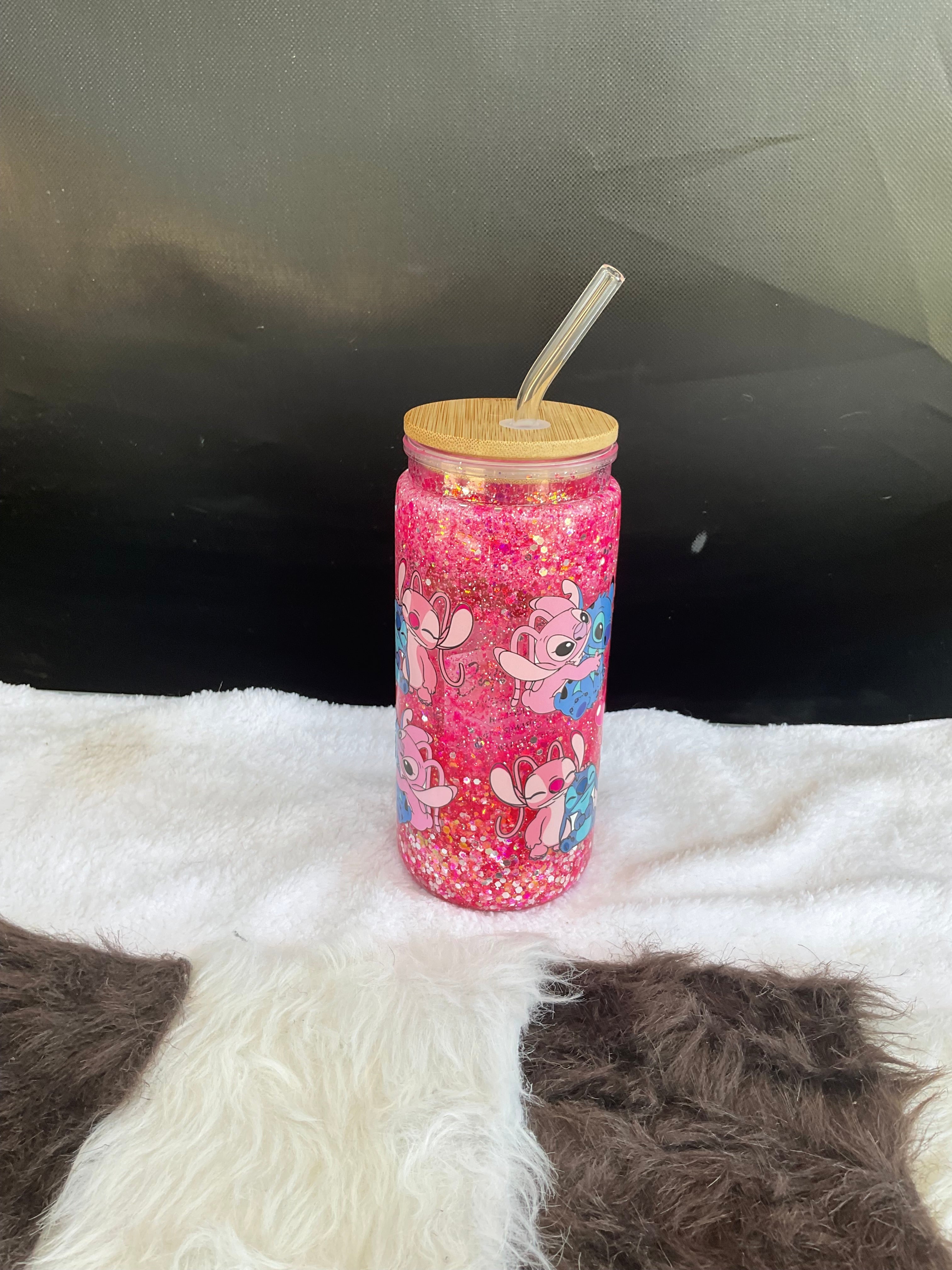 Lilo & Stitch Pink Glitter Snow Globe Coffee Cup