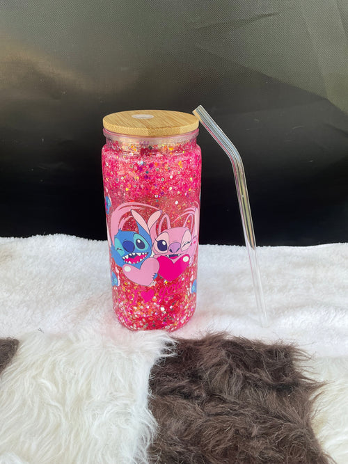 Angel & Stitch Pink Glitter Snow Globe Coffee Cup