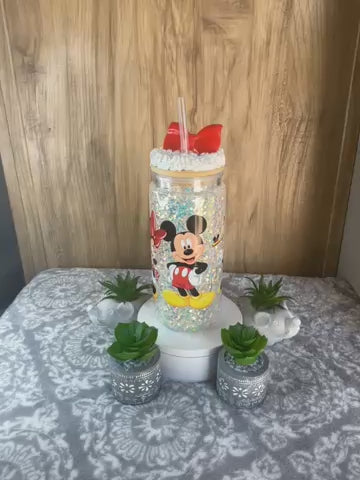 Mickey and Minnie, 20 ounce glow in the dark with frosted lid with bow